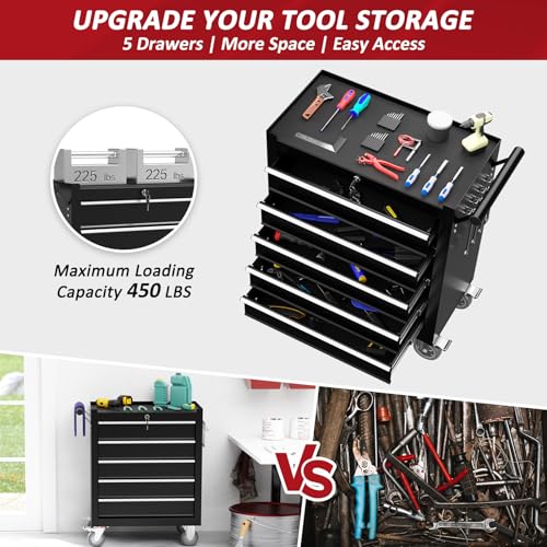 Kieperi 5 Drawers Rolling Tool Chest with Wheels, Portable Rolling Tool Boxes with Wheels, Tool Box Storage Cabinet with Locking System for Garage (Black, 5 Drawers)
