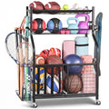 PLKOW Sports Equipment Organizer - Garage Storage Rack with Basket and Hooks, Garage Ball Storage for Toy and Sports Gear, Black