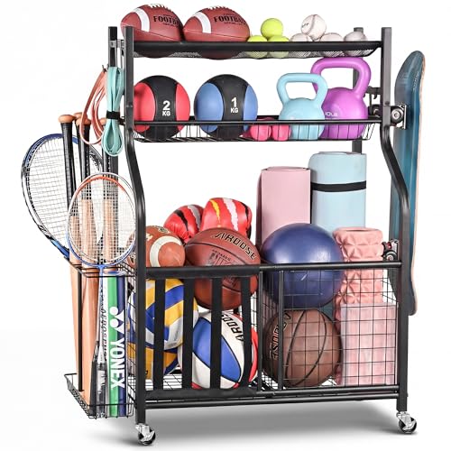 PLKOW Sports Equipment Organizer - Garage Storage Rack with Basket and Hooks, Garage Ball Storage for Toy and Sports Gear, Black