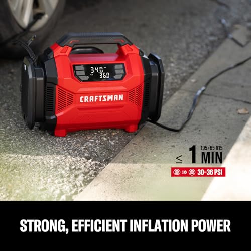 CRAFTSMAN Dual Power Tire Inflator Portable Air Compressor, 12V DC Car Plug & 120V AC Home Use, Up to 150 PSI with Digital Gauge & Auto Shut-Off, LED Light, Air Pump for Cars, Bikes & Inflatables
