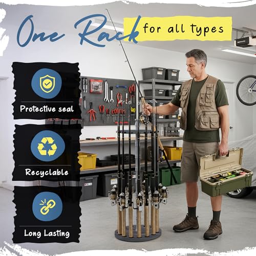 Rush Creek Creations 16-Rod Round Fishing Rod Holder for Garage, 360° Access Fishing Pole Holder for Fishing Rods, Reels, and Gear, Securely Holds 16 Rods, Barnwood