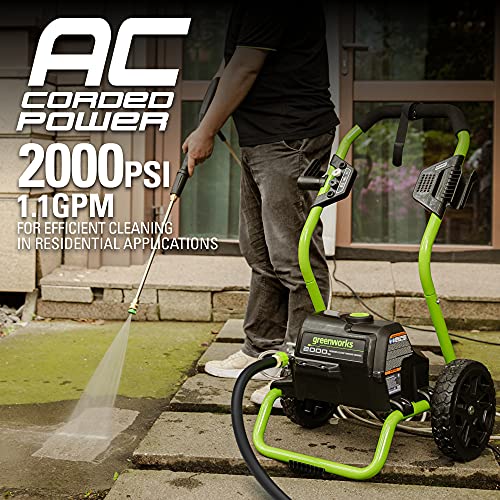 Greenworks 2000 PSI (1.1 GPM Max) Electric Power Washer (25°, 40°, Soap Nozzle) For Use On Decks, Fences, Concrete Patios, Sidewalks & More. Medium-Duty