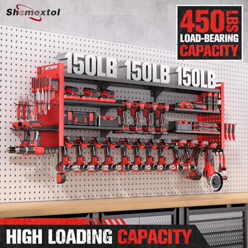 Shomextol 49.8" W Super Large Power Tool Organizer Wall Mount,4-Layer Heavy Duty Tool Storage with 18 Cordless Drill Holder,600 lb Capacity Garage Organization for Garage and Workshop (Red)