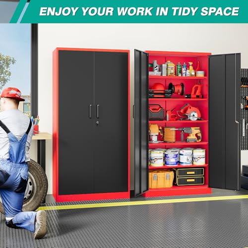 6 Tier Garage Storage Cabinet with 5 Adjustable Shelves,Metal Storage Cabinet with Lock,Red Black Metal Cabinet with Locking Doors,Steel Locker,71" Lockable Storage Cabinets for Home,Office,Garage