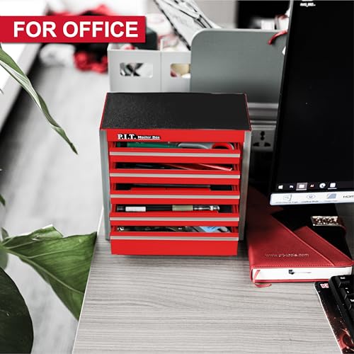 P.I.T. Mini Tool Box 8.6"W X 4.6"D, Portable 5-Drawer Micro Steel Stackable Toolbox with Liner, Red Cute Tool Case for Small Tools Parts Storage, Home DIY