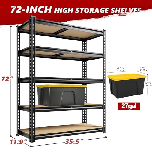 REIBII 2400LBS Storage Shelves 5 Tier Garage Shelving Heavy Duty Adjustable Garage Shelves, Utility Rack Shelf, Shelving Units for Storage Warehouse Pantry Closet, 35.5" W x 11.9" D x 72" H, Black