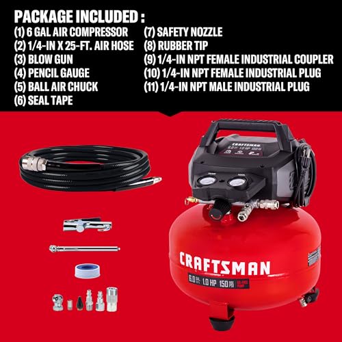 CRAFTSMAN 6 Gallon Pancake Air Compressor, Portable Oil-Free, 150 PSI, 2.6 SCFM @ 90 PSI, with 10-Piece Accessory Kit, Model CMXECXA0210641B