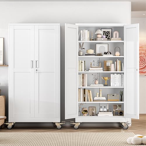 RISTERN Metal Garage Storage Cabinets and storage system, 74”Tall Rolling utility cabinet with Wheels, Lock, 5 Adjustable Shelves, Heavy Duty Steel Tool Locker for Home Office, Utility Room, Gym,White