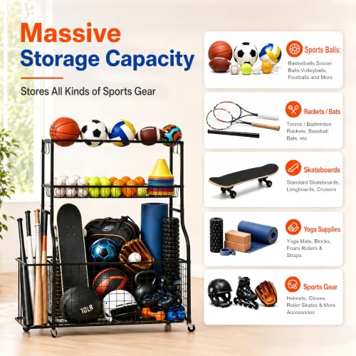 DuraMax Sports Storage Rack for Garage with Wheels, Ball Storage Rack and Sports Equipment Storage Rack, Garage Sports Organizer with Mesh Bin, Basket, Hooks and Bat Rack