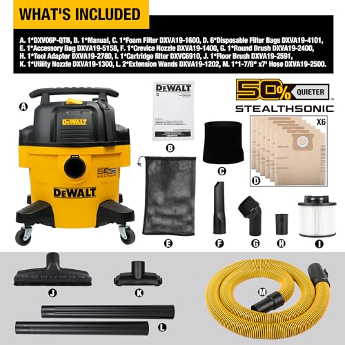 DEWALT 6-Gallon STEALTHSONIC Ultra Quiet Poly Shop Vacuum Wet and Dry with 6 Dust Bags, 5 Peak HP Noise Reduction Wet/Dry Vac for Jobsite, Workshop, and Garage, DXV06P-QTB