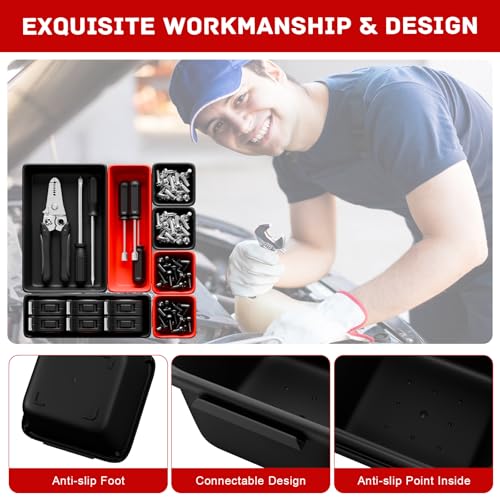 Vexercisehoop Toolbox Organizer Trays, Tool Chest Drawer Organizer with Non-Slip EVA Pads – 47pcs Red and Black Interlocking Trays for Workbench, Rolling Tool Cart, Garage