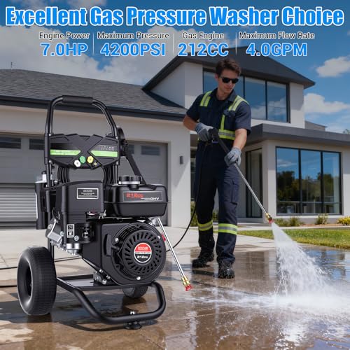 Gas Powered Pressure Washer 4200 PSI Gas Power Washer 4.0 GPM 212CC Commercial High Pressure Washer, with Spray Gun and Extension Wand, 5 Quick Connect Nozzles, Copper Pump,EPA/CARB/ETL (Black)