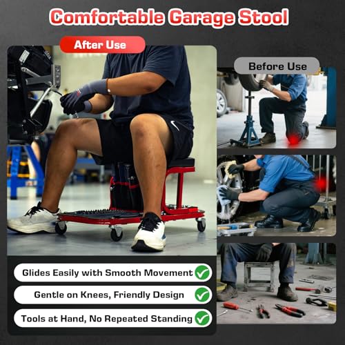 Rolling Shop Stool Chair with Wheels, Mechanic Garage Stool on Wheels, Auto Car Detailing Stools Seat with Tool Tray Storage for Garage Work, Workshop, Home, Garden, DIY, 300 LBS Capacity,Red