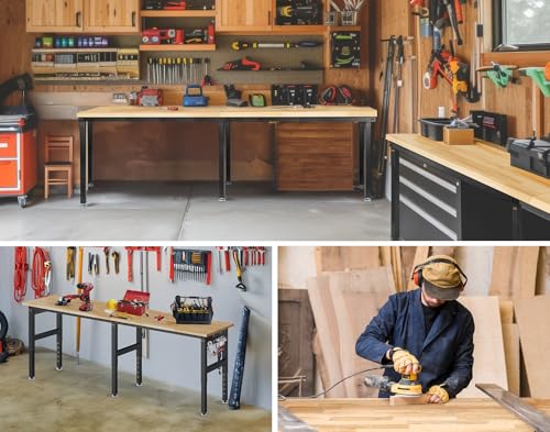 MUWOOD 96”Adjustable Work Bench, 5000 LBS Capacity Heavy Duty Workbench with Power Outlet & Pegboard, Rubber Wood Work Table for Garage, Workshop, Office, Home