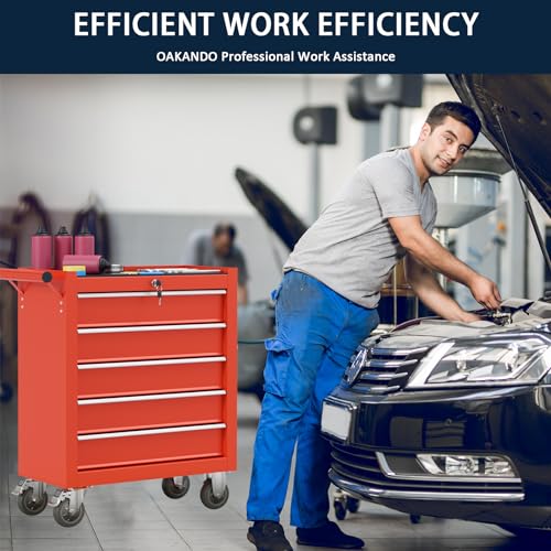 OAKANDO 5-Drawer Metal Rolling Tool Chest with Wheels,Tool Storage Cabinet with Locking System，Toolbox with Wheels for Garage, Warehouse, Workshop, Repair Shop (Red, 5-Drawer)