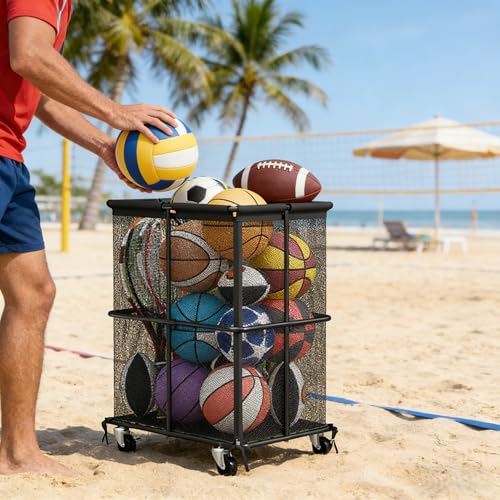 YAHKBTEN Outdoor Ball Storage Rolling Storage Cart with Wheels Sports Equipment Organizer for Garage Save and Storage for Indoor & Outdoor Use, Clothes, Toys, Sports Gear, Black