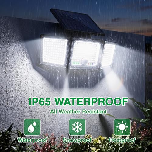 Solar Outdoor Lights Motion Sensor, 2500LM 286 LED Security Flood Lights with Visual Battery & Mode Display, 3 Lighting Modes, IP65 Waterproof 3-Head Wide Angle for Garage, Yard, Patio (2 Pack)