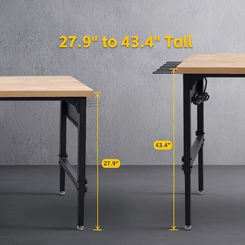 60" Adjustable Heavy Duty Workbench, 2300 LBS Load Capacity Hardwood Work Table with Pegboard, Power Outlets, USB & Type-C Ports, Work Bench for Garage, Office, Workshop, Home, Workstation