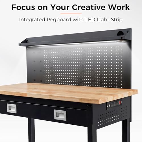 48" Adjustable Work Bench with Drawers, Workbench for Garage with Strip Light, Work Table with Large Pegboard, 2000 LBS Heavy Duty Table with Power Outlet Rubber Wood for Office, Workshop