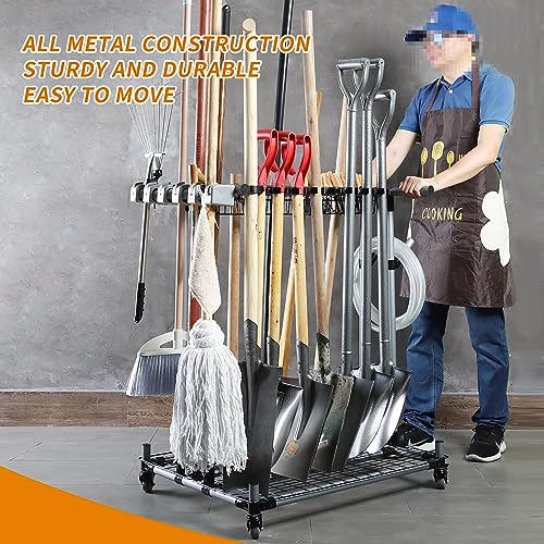 QTJH Heavy duty garden tool organizer garage storage holder storage large long farming tools lawn tool metal rack shovel and rake organizer