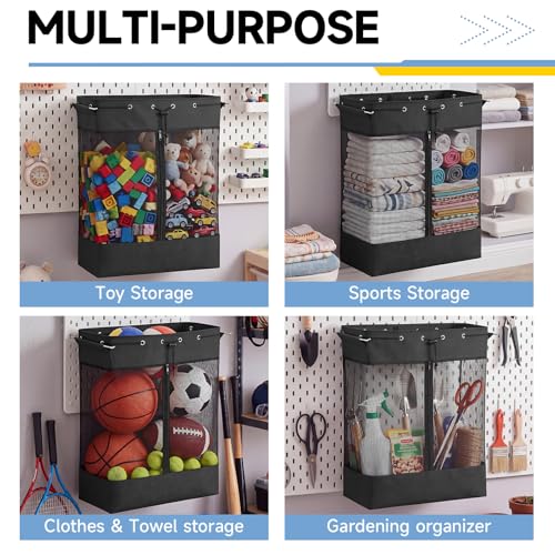 Gerrii 2 Pack Extra Large Pegboard Mesh Storage Baskets with 4 Hooks, 18 x 11 x 26 Inch Pegboard Wall Organizer Accessories with Zippered Front, Large Capacity, for Home Sport Garage Storage