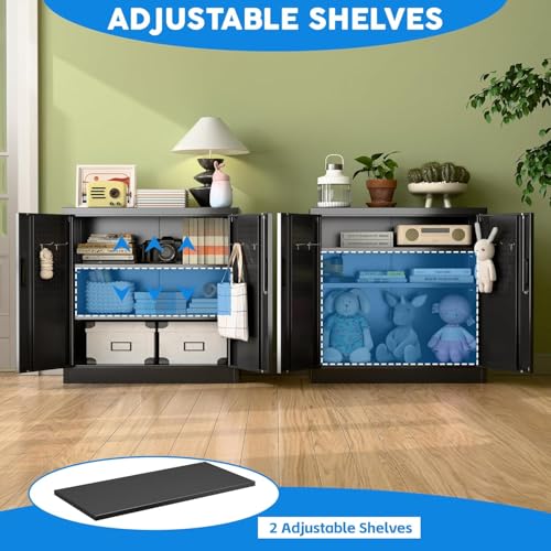 JAORD Metal Storage Cabinet with 2 Lockable Doors and 2 Adjustable Shelves, Locking Garage Storage Cabinet with Pegboard, Small Metal Cabinet with Lock for Garage, Home, Black, Assembly Required