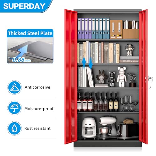 Superday 72" Lockable Steel Storage Cabinet, Locking Metal Storage Cabinets, Tall Black Red Cabinet with 2 Doors and 4 Adjustable Shelves for Garage, Home Office, Classroom, File, Easy Assemble