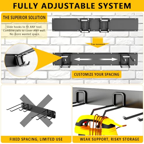 Tebgeag Garage Tool Organizer Wall Mount, 48inch Heavy-Duty Garage Storage System and Garden Tool Organizer with 6 Adjustable Double Hooks for Shovel, Snowboard, Yard Tools and Shed