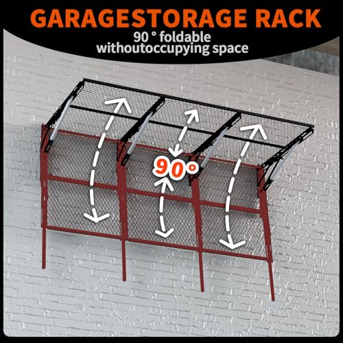 Lamorland Heavy Duty Foldable Garage Storage Shelves Wall Mounted Metal Rack Unit Organizer with Removable Edge Barriers, Adjustable System for Corner Wall Use, 52.76 Inch Long 24.45 Inch Large