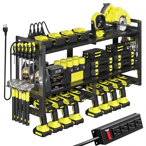 TOPRINCE Large Power Tool Organizer Wall Mount with Charging Station, 3-Tier Heavy Duty Metal Tool Rack with 8 Drill Holders and 6FT Power Strip, Garage Workshop Storage.Black