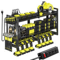 TOPRINCE Large Power Tool Organizer Wall Mount with Charging Station, 3-Tier Heavy Duty Metal Tool Rack with 8 Drill Holders and 6FT Power Strip, Garage Workshop Storage.Black