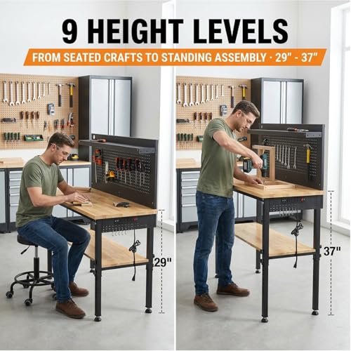 60'' Adjustable Workbench with Storage Shelf & Pegboard – Max Load 2000 LBS, Heavy Duty Rubber Wood Tabletop Tool Bench with AC/USB Outlet, Garage Organization, Work Benches for Workshop, Office