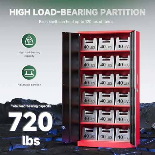 Letaya Metal Garage Storage Cabinets with Lock, 71" Tall Locker Organizer Steel Tool Cabinets,5 Adjustable Shelves 2 Doors for Home Office, Warehouse,Garage,Industrial,Employee (Black Red)