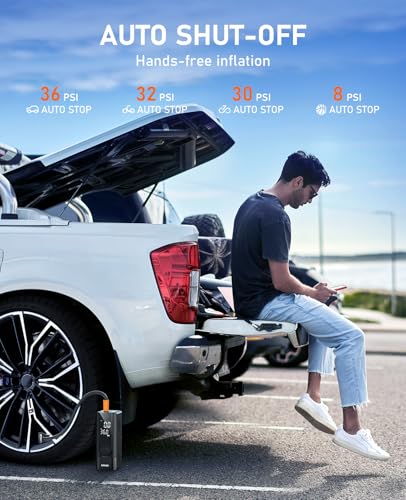 JUSUOX Tire Inflator Portable Air Compressor, Dual Power (Cordless & 12V DC) Air Pump for Car Tires, 150PSI Fast Air Pump for Moto, Bike, Large Capacity Battery, Digital Gauge with Emergency LED Light