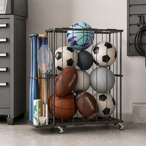 Ball Storage Rack with Wheels, Rolling Ball Organizer for Garage with Side Bat Holder, Basketball Holder for Soccer and Football Sports Equipment Organizer Toy Storage for Gym Playroom,Black