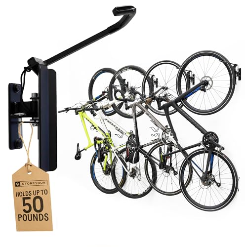 StoreYourBoard Bike Hangers for Garage | Garage Bike Rack Wall Mount, Vertical Bicycle Rack for Garage | 124° Swivel Bike Wall Mount with Stopper, Holds 50lbs, Fits All Wheel Diameters, Max 2.6” Tires