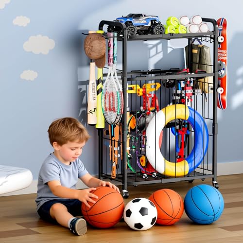 YIWANFW Garage Ball Storage Rack - Sports Equipment Organizer with Wheels, Rolling Sports Ball Cart with Elastic Rope, Outdoor Ball Holder for Basketball Soccer Volleyball Football, Garage Toy Storage