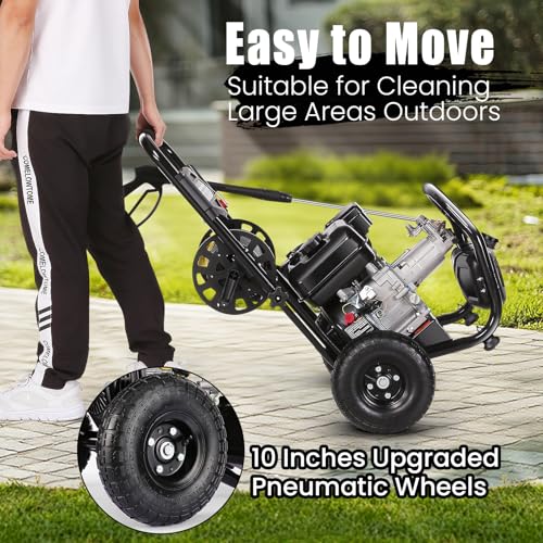 Professional 4200PSI 4GPM 212CC Gas Pressure Washer, 7.0HP Heavy-Duty 3600RPM Commercial Gas Power Washer with 10" Wheels 3000ML Foam Bottle 5 Nozzles 33FT Hose Reel (EPA/CARB/ETL Compliant), Black