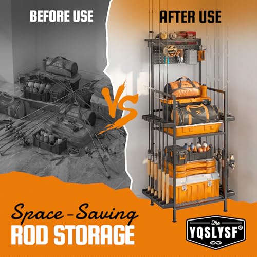 YQSLYSF Fishing Rod Holders for Garage with Pegboard & Metal Mesh Basket, Fishing Rod Storage Rack, Vertical Fishing Pole Holder for Up to 12 Poles, Tackle Gear Organizer