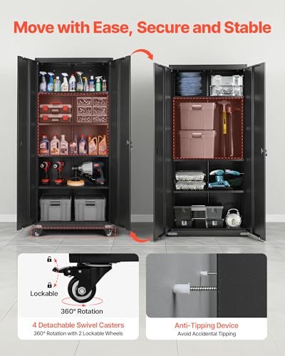 VEVOR Metal Storage Cabinet, 72.6 in Rolling Steel Garage Cabinet with 4 Adjustable Shelves, 2 Magnetic Doors & 2 Keys, 5 Tiers Lockable Tool Storage for Pantry, Warehouse, Basement, Office, Black