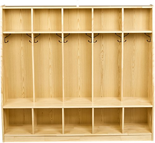Amazon Basics Coat Locker, 5-Section with Bench, Daycare Classroom Furniture, Backpack Storage, 13"D x 54"W x 48"H, Natural Finish, Solid Pine Wood, Mudroom Furniture with Hooks for Home