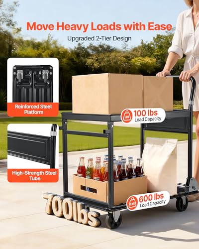 VEVOR Heavy Duty 2 Tier Platform Hand Truck, 700 lbs 2 Tier Push Tool Cart with High-Strength Steel, Utility Cart for Warehouse, Garage, Workshop, Office