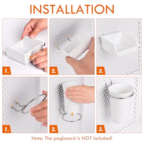 G.CORE 12 Pack Pegboard Bins & Cups with Hooks & Loops, Peg Board Hooks Assortment Organizer Accessory, Various Tools Storage Arrange Kit for Garage Craft Workshop Workbench Hobby Office (White)