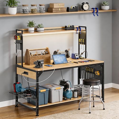 DWVO 59"x31" Adjustable Height Workbench with Pegboard and Storage Shelf, Heavy Duty Work Bench with Wheels, Load 1100lb, Work Table with AC/USB Outlet, LED Light, Hooks, for Garage, Workshop, Home