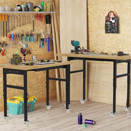 60" Adjustable Workbench with Wheels and Drawer, Solid Wood Rolling Work Bench Table with Power Outlet, Metal Tool Bench Work Bench for Garage, Large Load Capacity Workbench for Workshop,Office,Home