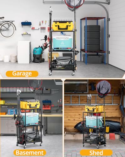 EXTCCT Fishing Rod Holder - Fishing Pole Rack for 10 Rods - Adjustable Height Fishing Gear Equipment Organizer Storage Solution for Garage Basement or Indoor