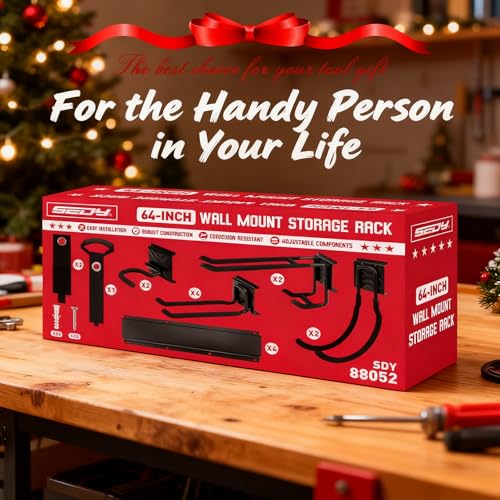 SEDY 64" Heavy Duty Garage Storage Tool Organizer Wall Mount - Tool Rack with Adjustable Hooks, Anti-Rust, 300lbs Capacity - Easy Installation (4 Racks, 10 Hooks, 3 Straps)