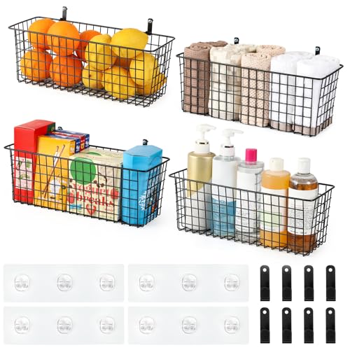 4 Set [EXTRA LARGE] Hanging Wall Mount Storage Baskets with Adhesive Hooks & Steel Hooks, Multiuse Sturdy Wire Metal Organizing Baskets for Home Kitchen Bathroom Pantry Utility Organizer, Black