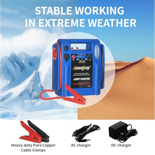 Amcelooy 2000 Peak Amp Car Battery Jump Starter, 12V Booster for Up to 8.0L Gas & 8.0L Diesel Engines, Portable Jump Box with LED Light, USB & DC Ports