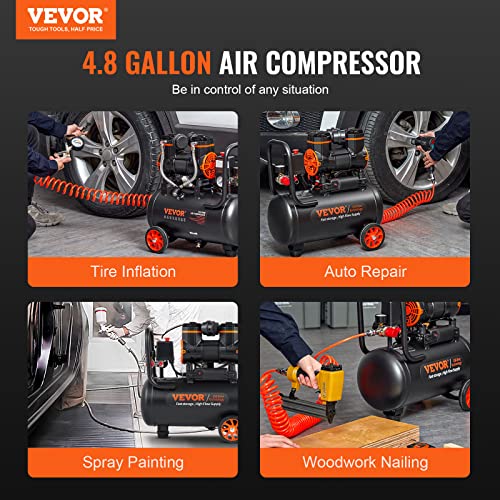 VEVOR 4.8 Gallon Air Compressor, 1.2HP 2.2 CFM@90PSI Oil Free Air Compressor Tank & Max. 116PSI Pressure, 70 dB Ultra Quiet Compressor for Auto Repair, Tire Inflation, Spray Painting, Woodwork Nailing